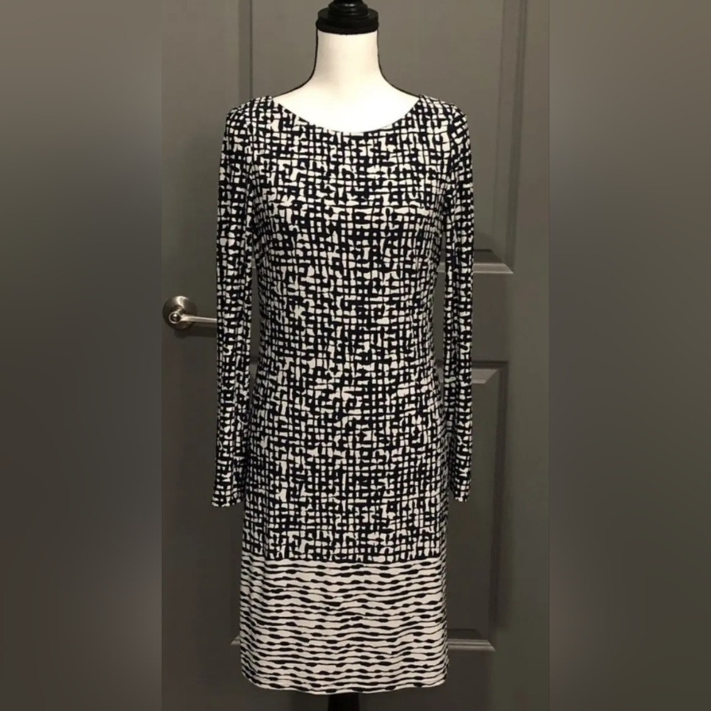 Vince Camuto Black and White Abstract Long Sleeve Shift Dress Size 4 NWOT